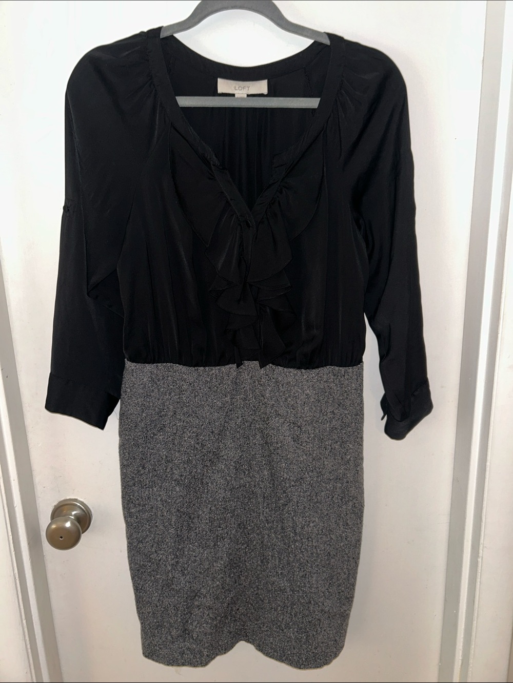 LOFT Black Ruffle Bodice Two-Tone Sheath Dress with Gray Skirt